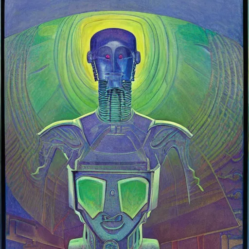 Prompt: the robot in her intricate mechanical mask stand on the lawn, by annie swynnerton and diego rivera and kit williams and leo and diane dillon and nicholas roerich, symbolist, dramatic lighting, elaborate geometric ornament, art brut, god rays, soft cool colors, smooth, sharp focus, extremely detailed, adolf wolfli