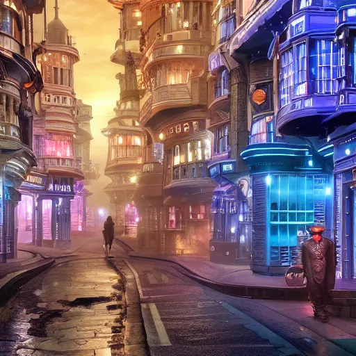 Prompt: a futuristic victorian city street, national geographic cover, award winning, 4 k, smooth, bright, light, colorful, victorian, futuristic, cyber - w 7 6 8