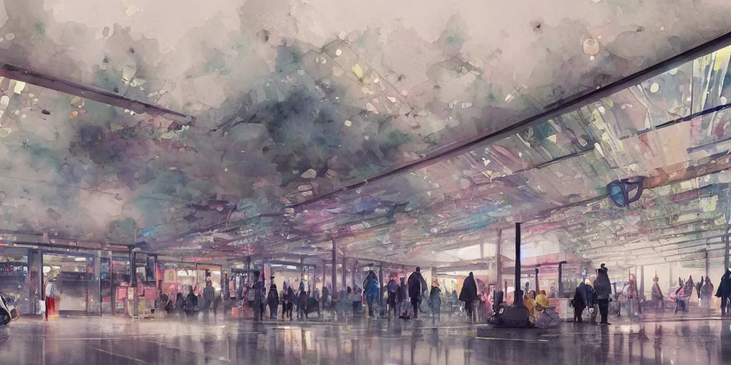 Prompt: a beautiful insanely intricate watercolor illustration of modern bus station, reflexions, colorfull, by william turner art, by greg rutkowski, by james jean, by rossdraws, by frank franzzeta, by sakimichan, by edmund dulac, trending on artstation, insanely detailed, masterpiece,