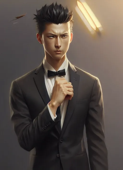 Image similar to ultra realistic illustration, handsome saitama. intricate, elegant, black suit, highly detailed, digital painting, artstation, concept art, smooth, sharp focus, illustration, art by artgerm and greg rutkowski and alphonse mucha and wlop