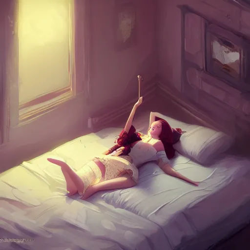 Prompt: a girl lies on the bed with a ragdoll, characterized by roman shipunov, etienne hebinger, atey ghailan, cgsociety, fantasy art, 2 d game art