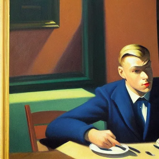 Image similar to a detailed painting, blonde man at a dinner table alone, dramatic lighting, edward hopper,