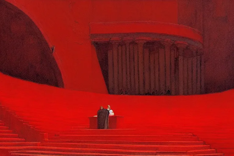 Image similar to only with red, a red great emperor, taormina amphitheatre, expressive crowd with big smile, in the style of beksinski, parts by edward hopper, parts by rodcenko, parts by yue minjun, intricate and epic composition, red by caravaggio, insanely quality, highly detailed, masterpiece, red light, artstation, 4 k