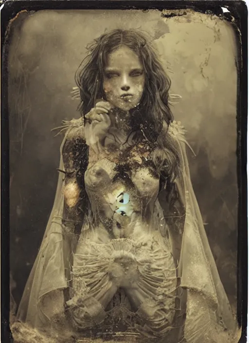 Prompt: old wetplate daguerreotype portrait of the birth of a female super hero, explosion of data fragments, fractal, intricate, elegant, highly detailed, parallax, leica, medium format, subsurface scattering, by jheronimus bosch and greg rutkowski and louis jacques mande daguerre