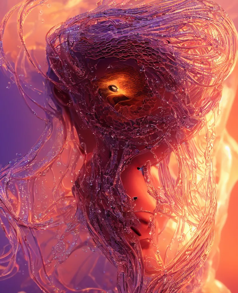 Image similar to close-up macro portrait of the face of a beautiful princess, epic angle and pose, symmetrical artwork, 3d with depth of field, blurred background, cybernetic jellyfish female face skull phoenix bird, translucent, nautilus, energy flows of water and fire. a highly detailed epic cinematic concept art CG render. made in Maya, Blender and Photoshop, octane render, excellent composition, cinematic dystopian brutalist atmosphere, dynamic dramatic cinematic lighting, aesthetic, very inspirational, arthouse. y Greg Rutkowski, Ilya Kuvshinov, WLOP, Stanley Artgerm Lau, Ruan Jia and Fenghua Zhong