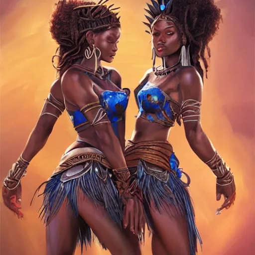 Prompt: beautiful Zulu goddesses holding hands, focused, worried, highly detailed, artstation, concept art, sharp, illustration, art by artgerm and Ross Tran