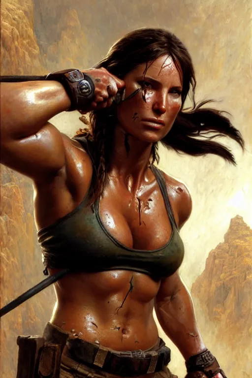 Image similar to muscular sweat lara croft, covers with mud exhausted face close up, highly detailed painting by gaston bussiere, craig mullins, j. c. leyendecker 8 k