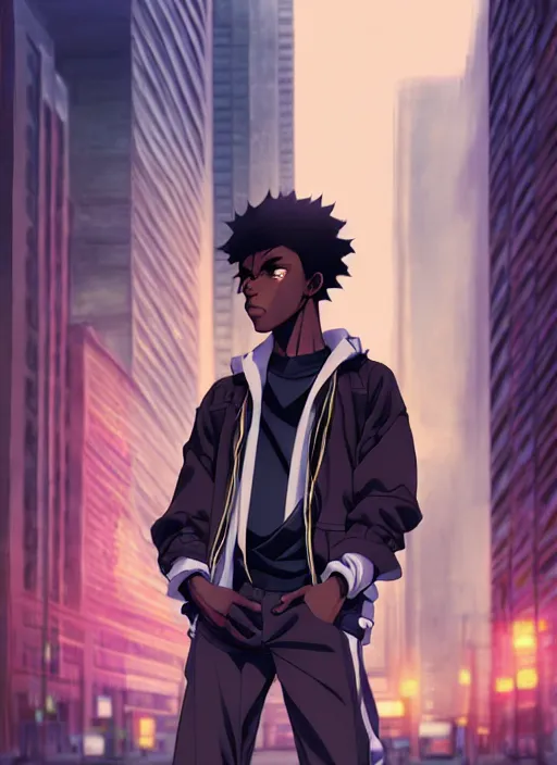 Image similar to handsome hip hop young black man in the city, model pose, sad, anime style, scenery wallpaper aesthetic, pastel colors, symmetrical face, cinematic, dramatic, super detailed and intricate, hyper realistic, 4 k render, by artgerm, by kyoung hwan kim, by ralph mcquarrie, by yoshiyuki tomino