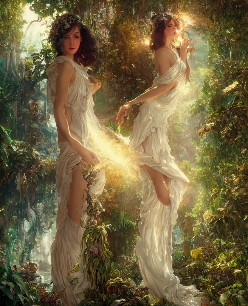 Image similar to hyper realistic photographer looking through a vintage medium format camera, magic pouring from lens, fantasy castle, full body waterfall dress, design on white background, beautiful details, lush foliage cyberpunk, gold, drawn by john singer sargent, tom bagshaw, norman rockwell, alphonso mucha, lolish, trending on artstation