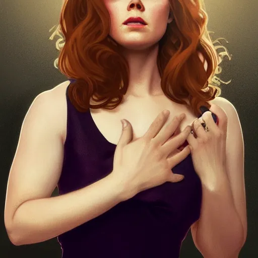 Prompt: Amy Adams showing her ring on correct female hand, realistic, digital painting, portrait, elegant, cinematic lighting, mysterious, highly detailed, artstation, concept art, illustration, smooth, sharp focus, editor's pickup, trending on artstation, trending on deviantart, alphonse mucha, WLOP