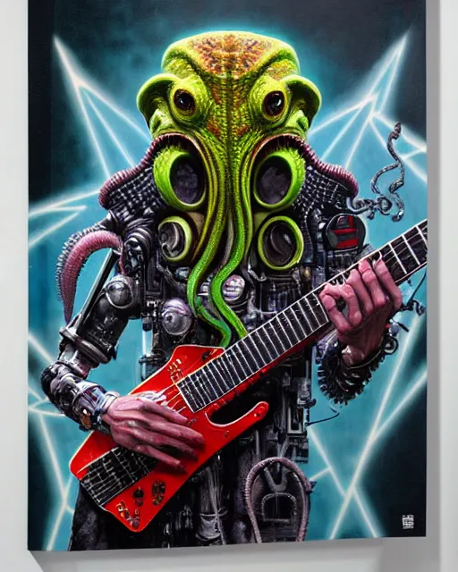 Image similar to a portrait of an anthropomorphic cyberpunk cthulhu shredding an electric guitar by sandra chevrier, by jon foster, detailed render, tape deck, epic composition, cybernetics, 4 k realistic, cryengine, realistic shaded lighting, sharp focus, masterpiece, by enki bilal