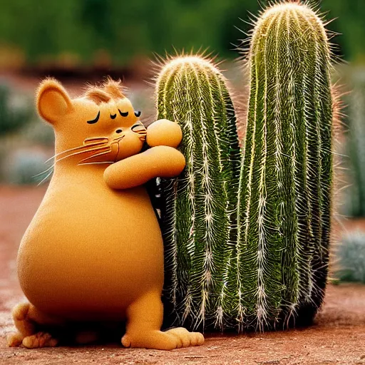 Prompt: garfield fighting a cactus