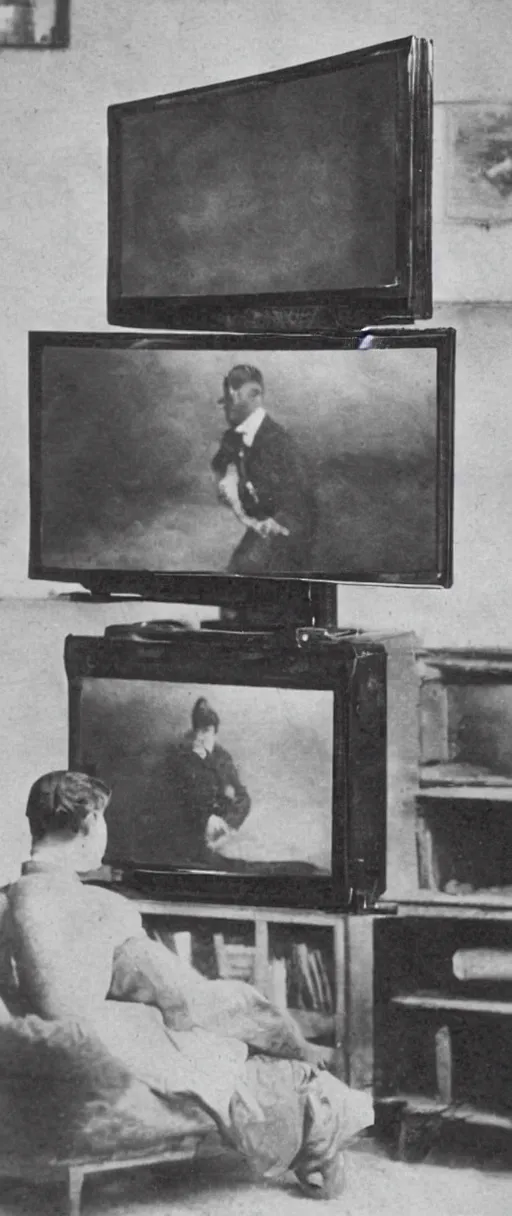 Image similar to 1 9 0 0 s photo of a person watching a flat screen hd tv