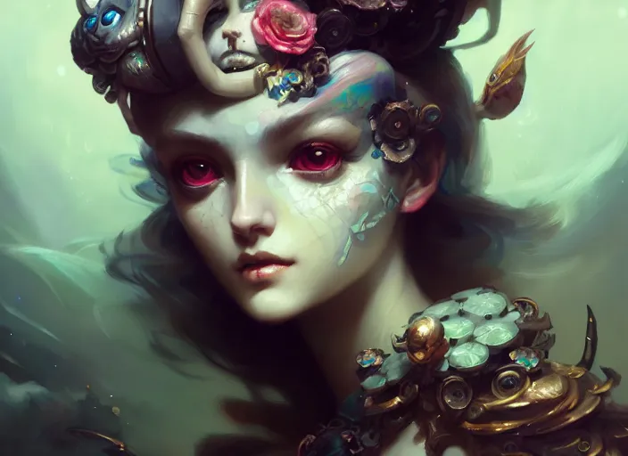 Image similar to close up picture of an maximalist dress girl, extremely beautiful and aesthetic and detailed cute face and eyes, with cute familiar sprites, chiaroscuro, intricate, masterpiece, fantasy illustrations by peter mohrbacher and anato finnstark and jeremy lipking