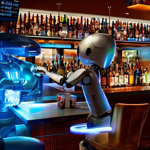 Image similar to a robot is at the sports bar and orders a drink from a cyberpunk (TY beanie baby puppy dog), 8k, ultrarealistic, cgsociety, old master.