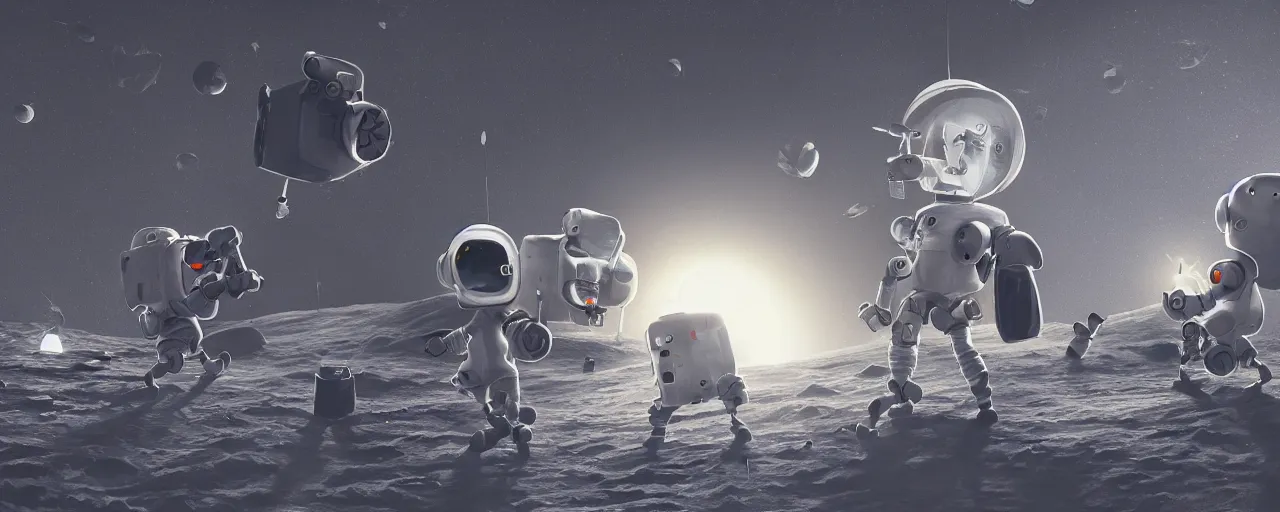 Prompt: cute robots working on the moon, trending on artstation, 8K, pincushion lens effect