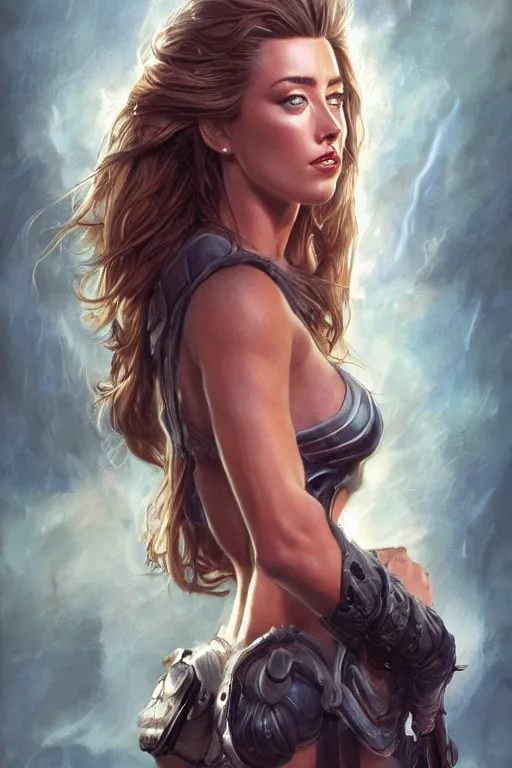 Image similar to muscled Amber Heard as a ruggedly handsome hero, intricate, elegant, highly detailed, centered, digital painting, artstation, concept art, smooth, sharp focus, illustration, art by artgerm and donato giancola and Joseph Christian Leyendecker, Ross Tran, WLOP