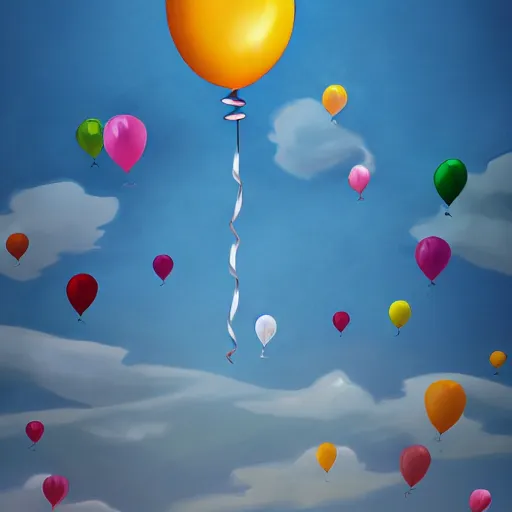 Prompt: plenty of floating birthday balloons. beautiful countryside. digital art, highly - detailed, artstation cgsociety masterpiece