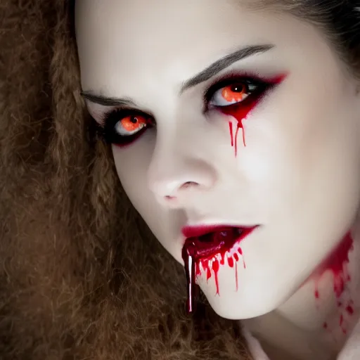 Prompt: professional headshot of an elegant female vampire with droplets of blood splattered across her face. high resolution, professional lighting, nikon camera, 8 k