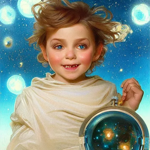 Prompt: a cute little boy with a round cherubic face, blue eyes, and tousled blonde hair smiles as he floats in space with stars all around him. she is wearing a turquoise outfit. beautiful painting by artgerm and greg rutkowski and alphonse mucha