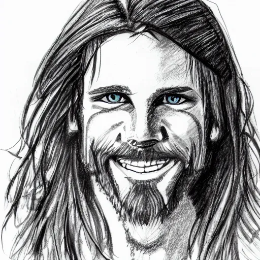 Image similar to sketch of a caucasian face, medium long hair, bad skin, skinny, blue eyes, smiling, climber
