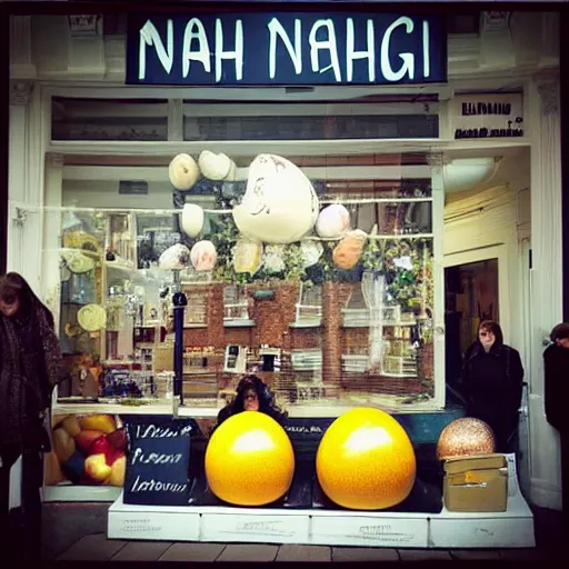 Prompt: “a shop called NAHHH selling giant eggs on Marylebone High St”