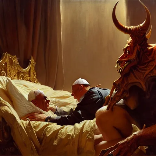 Image similar to the pope is in his bed, nervous and terrified, because a double horned shadow beast from hell is attacking him. highly detailed painting by gaston bussiere, j. c. leyendecker, greg rutkowski, craig mullins 8 k