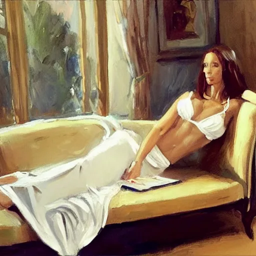 Prompt: portrait of jennifer love hewitt reclining on a couch greg manchess painting elegant, matte painting, illustration, hearthstone, trending on instagram