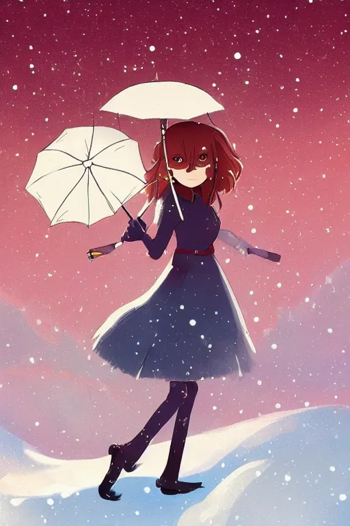 Prompt: a fox princess holding an umbrella, snow, backlighting, trending on artstation, digital art, furry art, studio ghibli