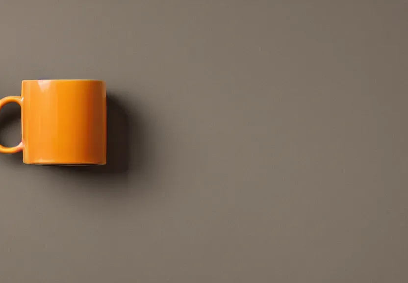 Prompt: a product photography photo of a glossy porcelain mug that looks like the head of a lion, centered in frame. The mug is glazed in shades of ochre yellow and orange, studio lighting, on a cement table