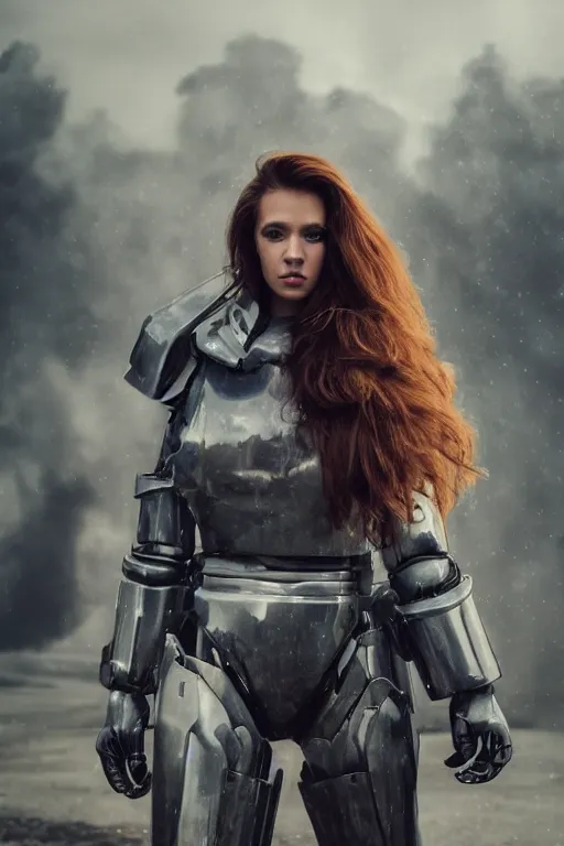 Image similar to portrait cinematography of beautiful young female, clothed in sci-fi military armor, long hair blowing in the wind. Giant mechs in the street. by Anita Sadowska