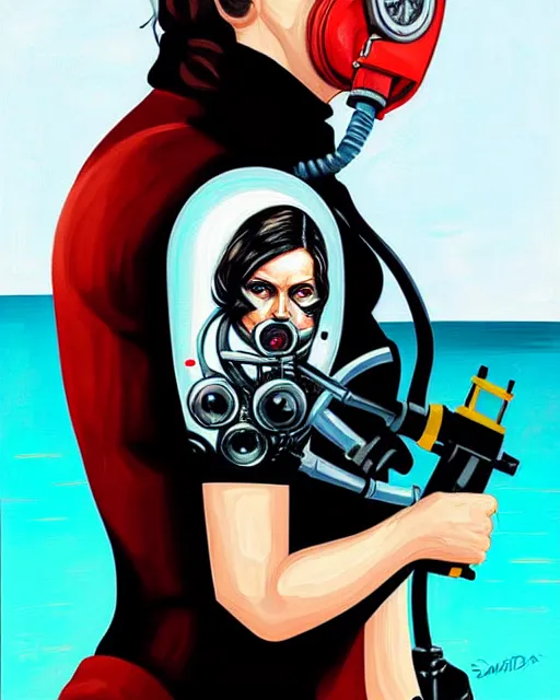 Image similar to portrait of a spy wearing oxygen mask with a harpoon with sea background with horror side profile by Sandra Chevrier