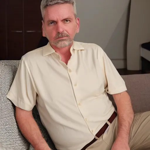 Image similar to full body photo of steve, mature male, mysterious face. he is a doctor. he is sitting gracefully on a sofa, elegant slim beige shirt. he has dad's belly