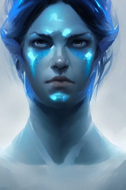 Prompt: portrait of a blue genasi tempest priest by Greg Rutkowski, d&d character, gradient white to cyan, blue ocean, highly detailed portrait, digital painting, artstation, concept art, smooth, sharp foccus ilustration, Artstation HQ