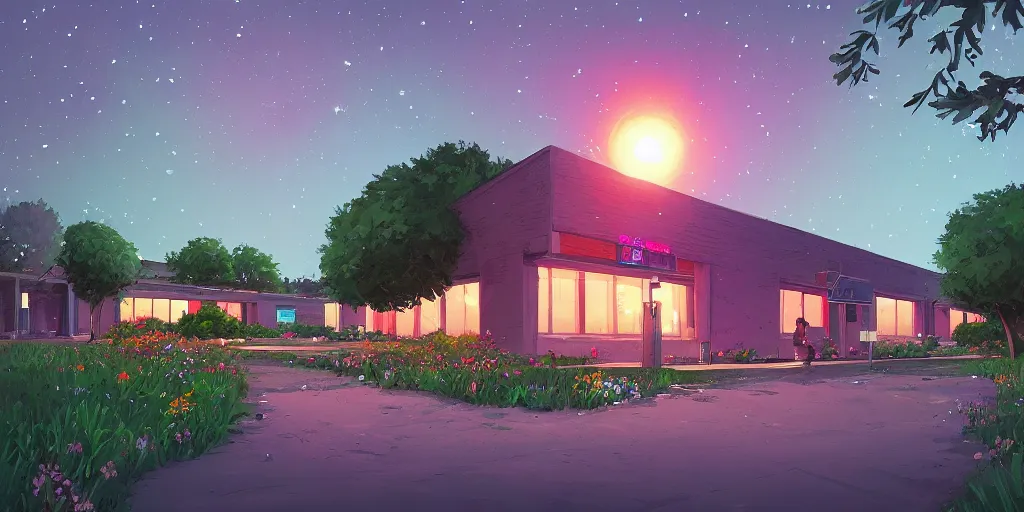 Prompt: colorful sylvain sarrailh illustration of a dark night view of a tv station building entrance, grass, flowers, a tree, brightly illuminated by rays of moon, wildflowers, artstation