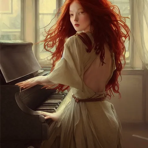 Prompt: a Photorealistic dramatic fantasy render of a beautiful redhaired woman playing the piano by WLOP,Artgerm,Greg Rutkowski,Alphonse Mucha, Beautiful dynamic dramatic dark moody lighting,shadows,cinematic atmosphere,Artstation,concept design art,Octane render,8K The seeds for each individual image are: [278737215, 4067835903, 1574338687, 3639917567, 3600094719, 3087612927, 1820828159, 797923263]