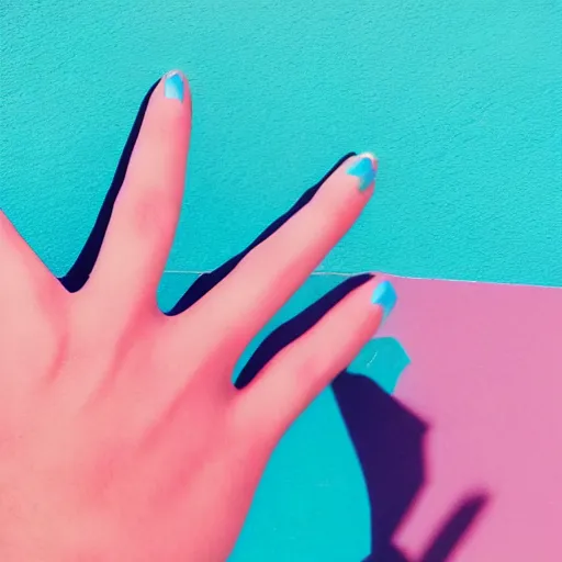 Prompt: one normal human hand, aesthetic pink and blue background