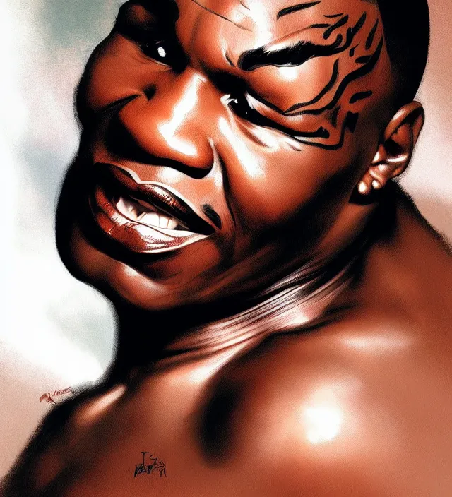 Prompt: portrait of mike tyson as a young marilyn monroe, elegant, flat lighting, intricate, highly detailed, digital painting, artstation, concept art, smooth, sharp focus, illustration, closeup, misa amane, art by simon bisley and greg rutkowski and alphonse mucha, novel cover