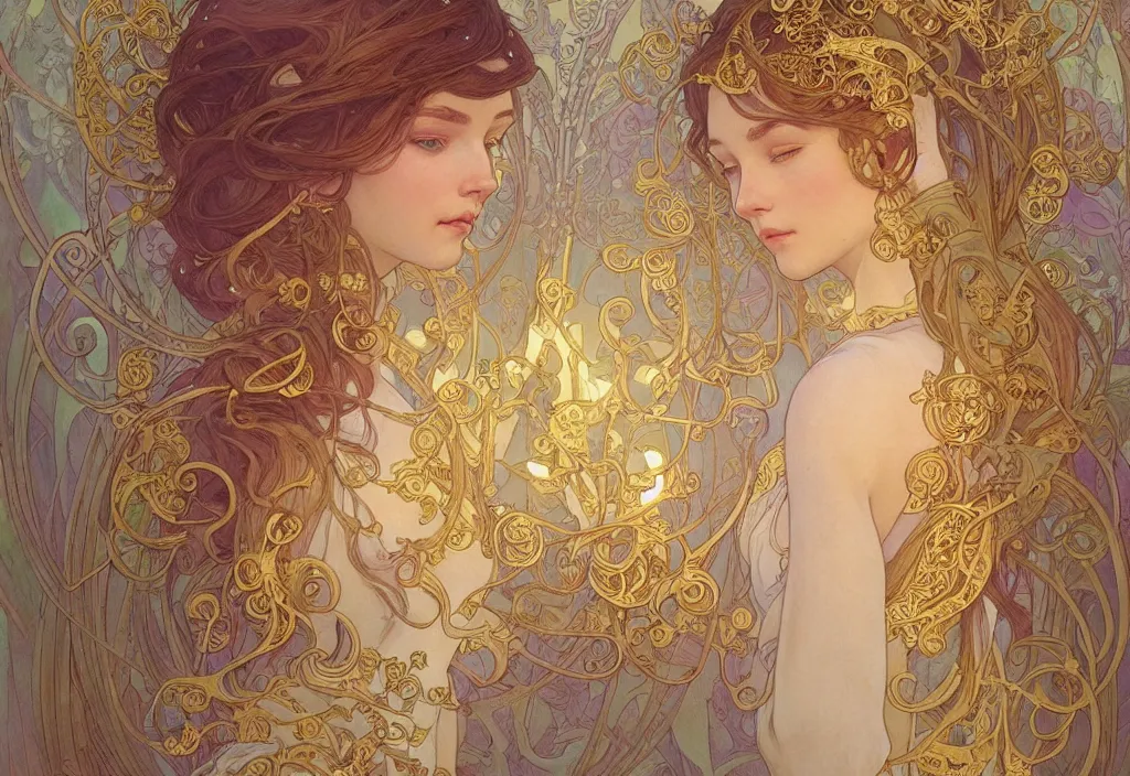 Image similar to love, highly detailed, very intricate, art nouveau, gold filigree, romantic storybook fantasy, soft cinematic lighting, award - winning, disney concept art watercolor illustration by mandy jurgens and alphonse mucha and alena aenami, pastel color palette, featured on artstation