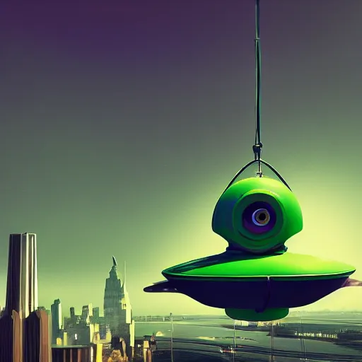 Image similar to photorealistic 3d render of a flying saucer flying over manhattan studio lighting, green background, in the style of pixar, highly detailed, sharp focus, bokeh, depth of field, 16k resolution, Unreal Engine 5, coherent, cinematic lighting, beautiful painting, from behind with halo effect