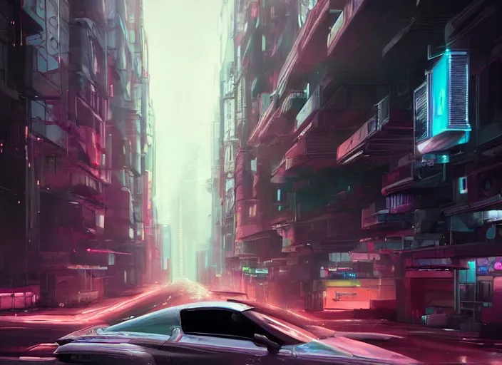 Image similar to a car driving down a street next to tall buildings, cyberpunk art by Vincent Lefevre, cgsociety, retrofuturism, matte painting, reimagined by industrial light and magic