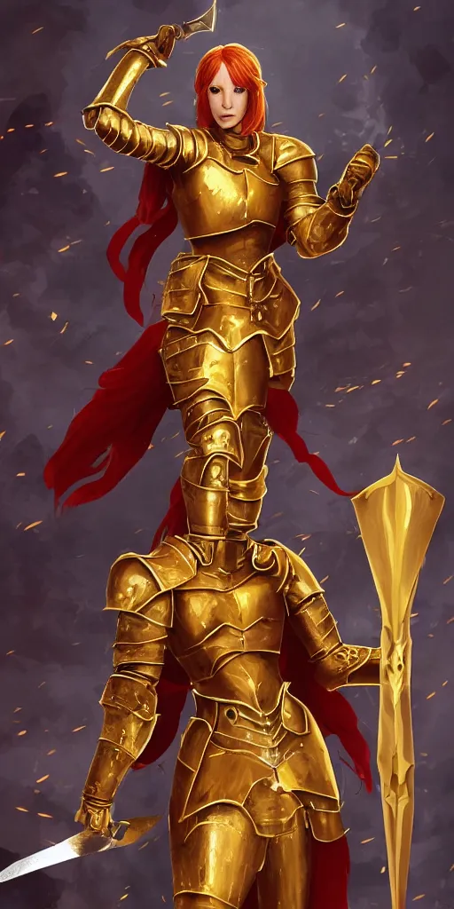 Image similar to a tall, red - haired female knight wearing golden armor and a right golden prosthetic arm, longer than her left arm. she wields a long golden blade