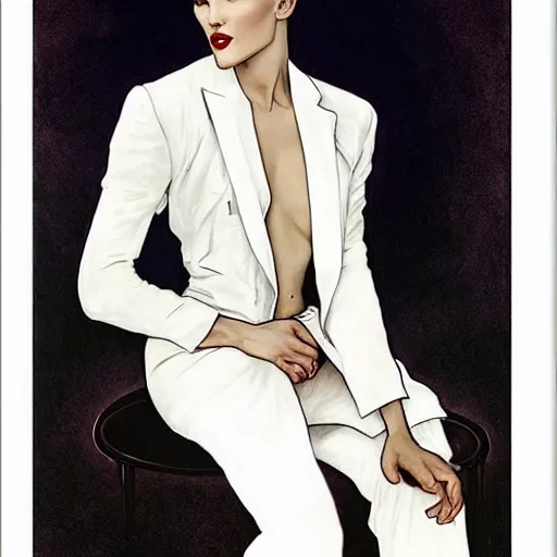 Image similar to ravishing portrait of androgynous ruby rose as desire from sandman in a white tuxedo!!!, rockabilly style,, by alphonse mucha, by jeremy mann, by peter lindbergh, dave mckean, by frank moth, white suit and black tie, soft lightning, high detailed, 8 k