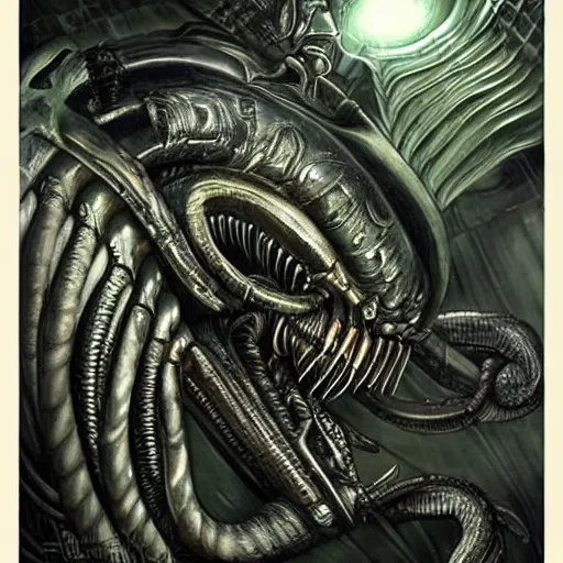 Prompt: xenomorph vs Cthulhu, avp, intricate detail, exquisite skill, hr giger, airbrush painting,