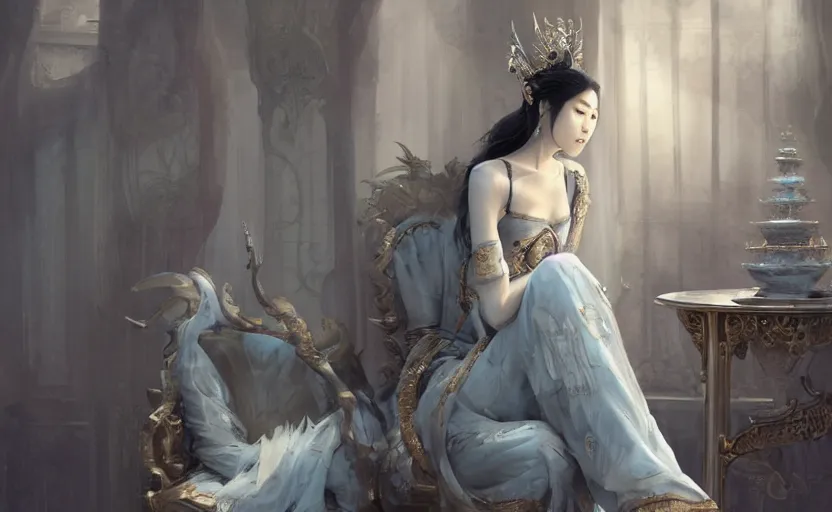 Prompt: beautiful asian woman sitting on a throne, soft grey and blue natural light, intricate, digital painting, artstation, concept art, smooth, sharp focus, illustration, art by greg rutkowski and luis rollo and uang guangjian and gil elvgren, symmetry!