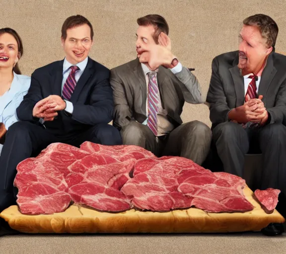 Image similar to realistic photograph of couch made out of meat, business men sitting on couch of meat and talking,