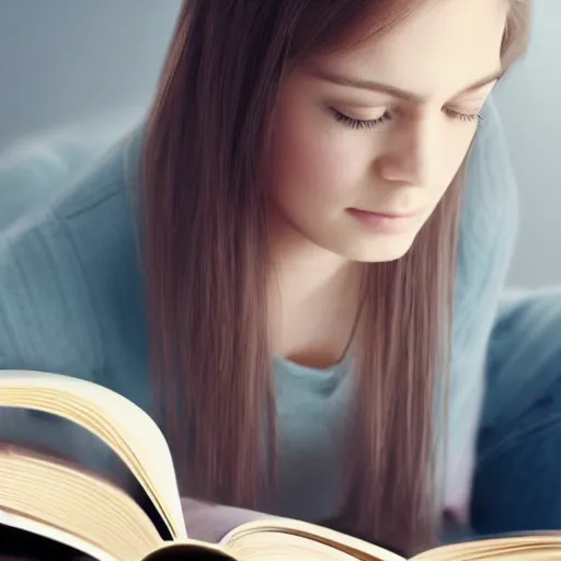 Image similar to a girl reading book, hair flowing down, high resolution, 4K, photo realistic