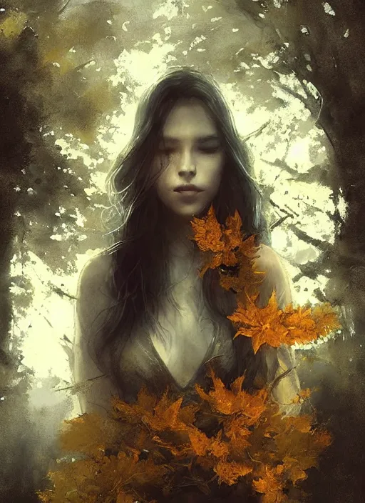 Prompt: golden leaves at frame border, creative!!! composition for a book cover, moon, beautiful portrait painting by jeremy mann, a female witch beautiful, ultrafine hyperrealistic detailed face by wlop and artgerm and greg rutkowski, intricate linework, sharp focus, smooth, octopath traveler, final fantasy, unreal engine, dramatic lighting, ethereal, 8 k