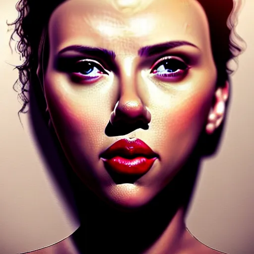 Prompt: full body gorgeous Scarlett Johansson, realistic character concept, arm and neck tattoo sleeves, full body pose, autumn, makeup, shorter neck, illustration, symmetrical eyes and body, cinematic lighting, detailed realistic symmetrical eyes, artgerm, Joshua Middleton, single face, insanely detailed and intricate, beautiful