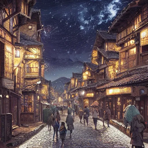 Image similar to ultra realistic illustration and highly detailed digital render of a intricate busy street inside a ancient 1 5 th century stone village, by greg rutkowski and makoto shinkai, nighttime, dark sky, twinkly stars, amazing sky, migrating birds in the sky, colorful street lamps along road, natural stone road, asian style vendorsf